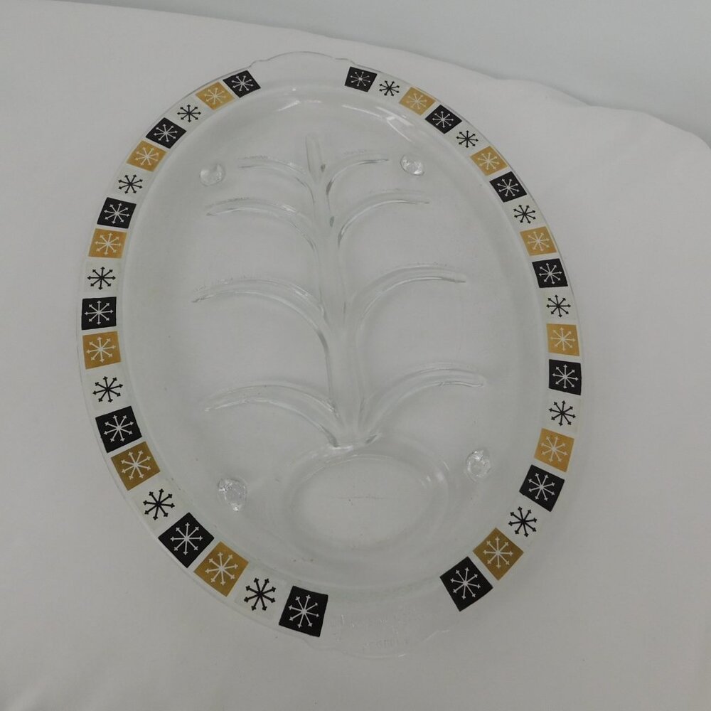 Inland Glass 14.5" Oval Atomic Sunburst Meat Serving Tray with Juice Well MCM